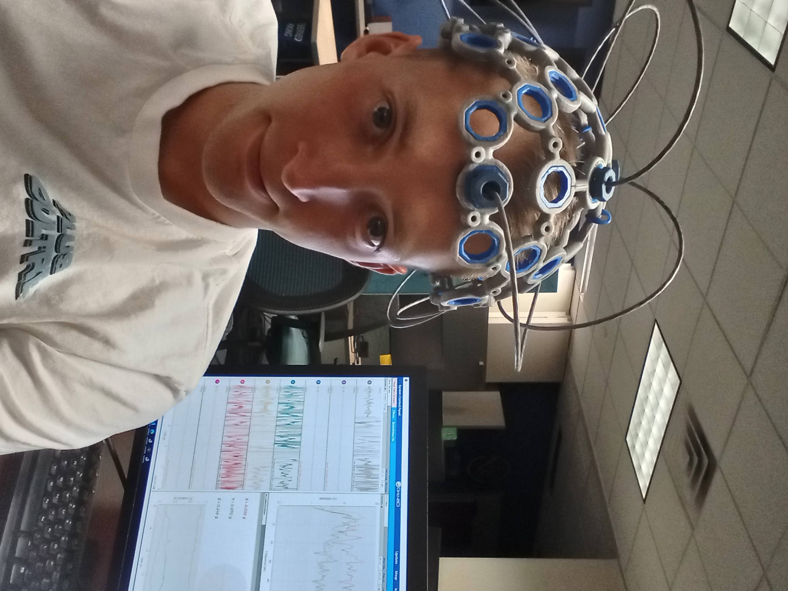 Custom EEG brain-computer interface helmet built by Thomas Blalock for a P300 speller.